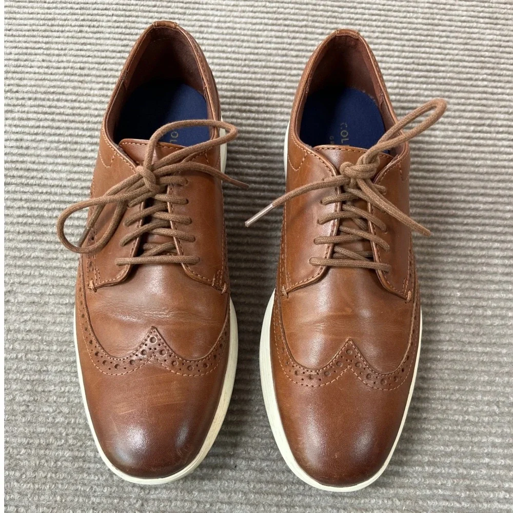 Cole Haan Mens Grand.OS Wingtip Oxford British Tan Leather Shoes Size 9.5M